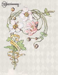 a drawing of flowers and vines on a checkered background with the words, love is in the air