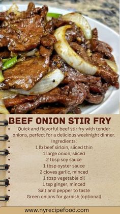 the recipe for beef onion stir fry on a plate