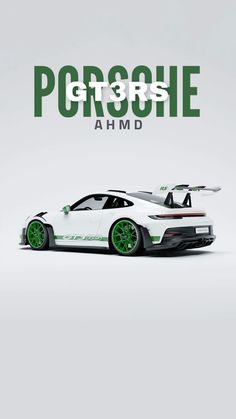 a white sports car with green lettering on the front and back side, in an advertisement for