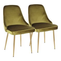 two green velvet chairs with wooden legs on a white background, one in the foreground and the other in the back ground