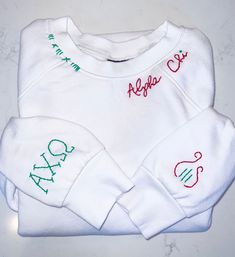 FUN one-of-a-kind custom hand embroidered sweatshirt! Customized for any sports team, sorority or anything you may have in mind.   Just message me with any questions. Sporty White Tops With Custom Embroidery, White Tops With Custom Embroidery For School Spirit, White Embroidered Sweatshirt For Winter, White Custom Embroidered Top For College, White Machine Embroidered Tops For Streetwear, White Team Spirit Sweatshirt With Embroidered Graphics, White Sweatshirt With Embroidered Graphics For Team Spirit, Casual White Sweatshirt With Machine Embroidery, White School Spirit Sweatshirt With Letter Embroidery