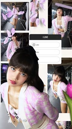 a collage of photos with a woman in pink and white clothing holding a flower