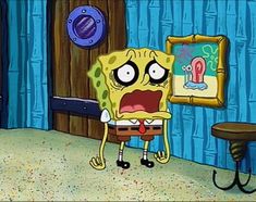 an animated spongebob character standing in front of a blue room with a painting on the wall