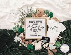 a baby's first year announcement is displayed on a green blanket with shamrocks and teddy bear