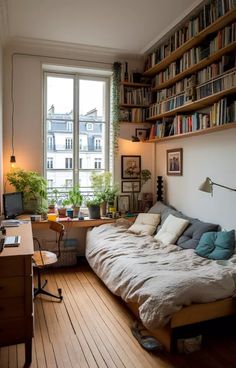 Bathtub Ideas, Tiny Bedroom, Bed Desk, Apartment Inspiration, Room Inspiration Bedroom, Book Shelf, Dream House Decor, Home Office Design