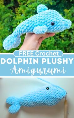 a hand holding a blue crochet dolphin plushy with the text free crochet dolphin plushy amigurmi