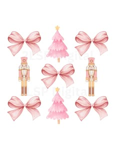 pink bows and nutcrackers are arranged in the shape of christmas trees