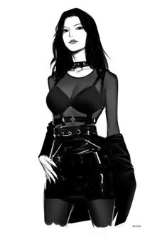 a black and white drawing of a woman with long dark hair wearing a short skirt