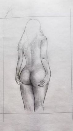 a pencil drawing of a woman's back and side view, with no shirt on