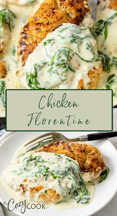 chicken breast topped with a cream sauce and spinach. Chicken And Spinach Dishes, Simple Chicken Dish, Ways To Season Vegetables, Karissa Barker Meals Made Simple, Food And Drink Dinner, Date Food Ideas, Hot Dish Recipes, Meals Under 30 Minutes, Creamy Spinach Sauce