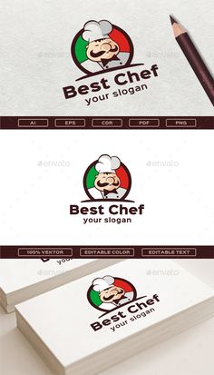 the best chef logo is shown on this white and red business card, which has a pencil