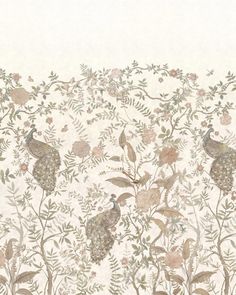 a wallpaper with birds and flowers on it's side, in front of a white background