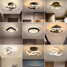 multiple pictures of different lights in the ceiling and on the wall, including one light fixture