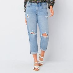 You'll keep this trendy pair of women's jeans from a.n.a in endless rotation. Made from a soft stretch-cotton with recycled fabric, they are cut for a mid-rise in a boyfriend silhouette with ripped details throughout, a button-zip fly, and 5-pocket tailoring. Wear this distressed denim with a tank and flip-flops for a low-key summer look.Features: Fly Front, Ripped, CuffedClosure Type: Button & ZipperPockets: 2 Back Slip Pockets, 1 Front Coin Pocket, 2 Front Slip PocketsRise: Mid RiseFiber Conte Womens Boyfriend Jeans, Ripped Boyfriend Jeans, Cropped Boyfriend Jeans, Tall Jeans, Boyfriend Jean, Petite Jeans, Hair Clothes, Boyfriend Style, Mid Rise Jeans