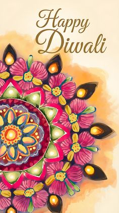 a happy diwali card with colorful flowers and candles