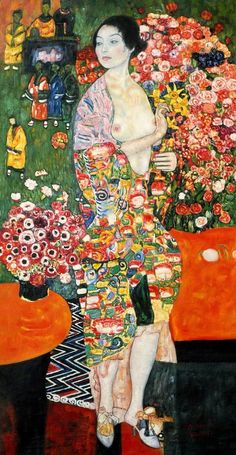 a painting of a woman sitting in front of flowers with her arm around her body