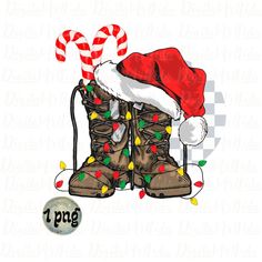 a pair of boots with candy canes and santa's hat on them, surrounded by christmas lights