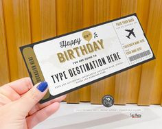 a person holding up a birthday card with the words, happy birthday to me and type destination here