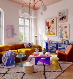 a living room filled with lots of colorful furniture