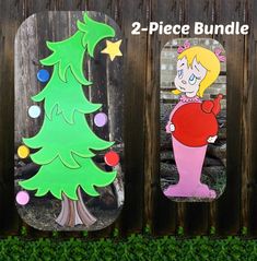 "Handmade and Hand Painted Yard Art Decorations 2 Piece Bundle This Bundle includes the following pieces: Whoville Christmas Tree Size: 47\" x 24\"  Cindy Lou Who - Why Mr. Grinch? Size: 32\" X 12\" Position: Facing Left (as pictured). VISIT OUR STORE FOR MORE COMBINATIONS https://www.etsy.com/shop/PerfectDesignShop   These pieces have been handcrafted by us and made with the best quality materials. Each piece has been painted with a double coat of oil-based paint, which seals it. We don't use p Cindy Lu Who Tree, Whoville Cartoon, Whoville Christmas Tree, Grinch Yard Decorations, Grinch Sign, Yard Art Crafts, Whoville Christmas, Grinch Christmas Tree, Christmas Tree Clipart