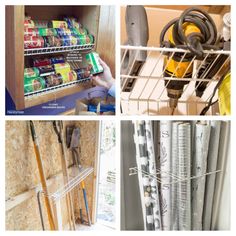 four pictures showing different types of tools and supplies in the storage area, including an open cabinet