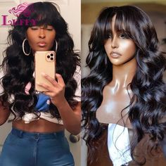 Body Wave With Bangs 13*6 Lace Front Wig Brazilian Human Hair 360 Full Lace Wigs Bangs For Black Women, Wavy Wig With Bangs, Bang Wig, Human Lace Wigs, Human Wigs, Wavy Wig, Wig Human Hair, 100 Remy Human Hair, Long Hair With Bangs