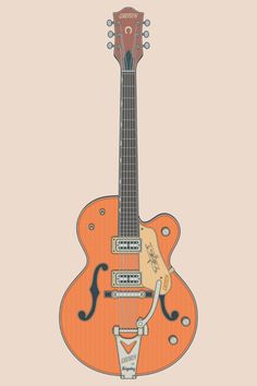 an orange guitar is shown on a beige background