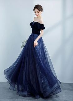 Navy Blue Off Shoulder Velvet Sweetheart Party Dress, Shiny Tulle Long – BeautyDressy Tulle Long Prom Dress, Gala Dress, Shiny Dresses, Skirts Long, Tulle Skirts, Prom Dress Inspiration, Pretty Prom Dresses, Dress A Line, Velvet Top