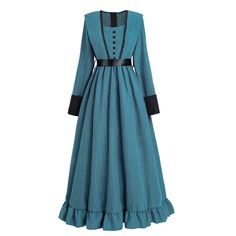 PRICES MAY VARY. 🌸Victorian Period Dress:The blue victorian dress features delicate lace trim, charming ruffle hemline and decorative front button. The black satin ribbon complements the sleeve cuff color, securing through belt loops at the waist for a flattering look. The shoulder design resembles an attached vest, adding a unique and elegant touch to this victorian era costume for women. 🌸Soft Flocked Fabrics: The blue victorian costume is crafted from a striped flocked fabric, offering a so Edwardian Ball Gown, Ball Gown Medieval, Blue Victorian Dress, Victorian Dress Costume, Medieval Costume Women, Victorian Fashion Dresses, Victorian Gown, Costume For Women, Period Dress