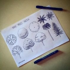 an image of trees and plants drawn on a piece of paper next to a pen