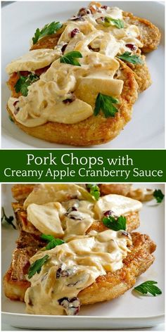 pork chops with creamy apple cranberry sauce on top and an image of chicken chops covered in gravy