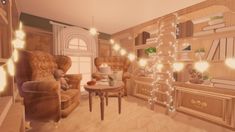 a living room filled with furniture and lots of lights