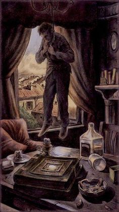 a drawing of a man standing on a window sill