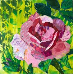 a painting of a pink rose with green leaves on the bottom and yellow back ground