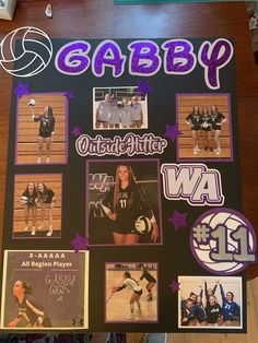 a poster with pictures of women's volleyball players and their names is displayed on a table