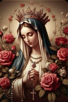 the virgin mary with roses in her hair and rosary on her chest, surrounded by flowers