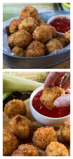 there are two pictures of fried food in the same pan and one has dipping sauce