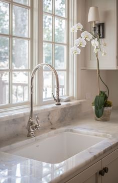 a white kitchen sink sitting under a window next to a vase with flowers in it