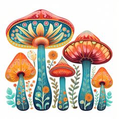 colorful mushrooms with flowers and leaves painted on white paper by artist susan grisby