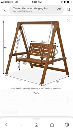 a wooden swing with measurements for it