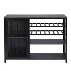 the sideboard is black and has two shelves on each side, one with an open door