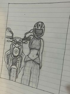 a drawing of a person on a motorbike wearing a helmet and standing in front of a wall