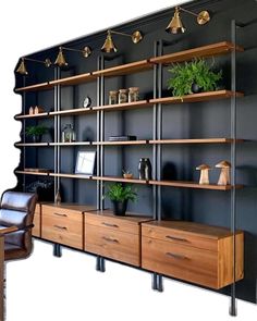 a room with shelves, chairs and plants on the wall next to a desk in front of it