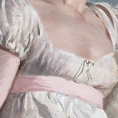 a painting of a woman wearing a white dress with pink sash around her waist and breast