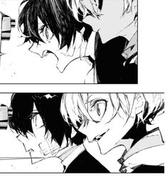 two anime comics with black and white images, one is kissing the other's head