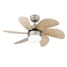 a ceiling fan with three wooden blades and a light fixture on the top of it