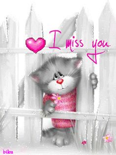 a cat is standing behind a fence with the words i miss you on it