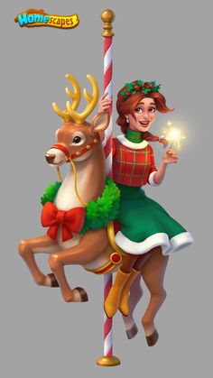 a woman riding on the back of a reindeer with a christmas light in her hand