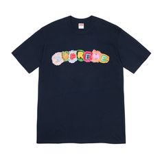 a black t - shirt with the word sushi written in multicolored letters