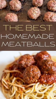 the best homemade meatballs are on top of spaghetti and in between them is a plate of meatballs